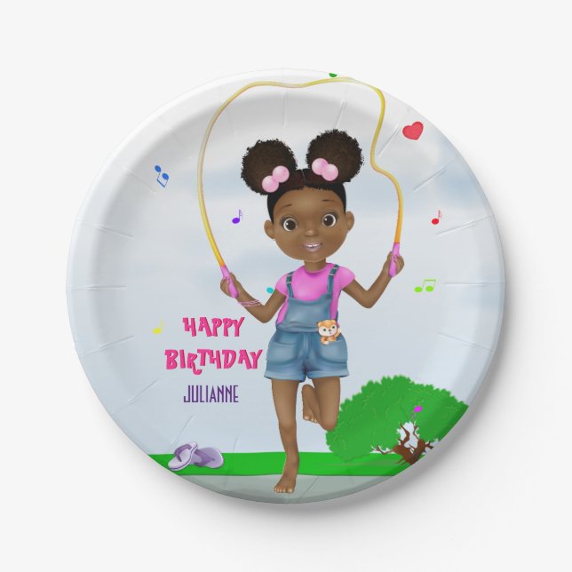 African American Girl Jump Rope Birthday Paper Plates (Front)