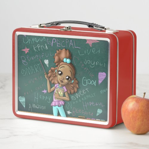 African American Girl Light Brown Metal Lunch Box