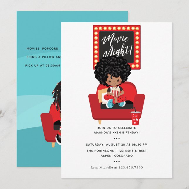 African American Girl Movie Night Sleepover Party Invitation (Front/Back)