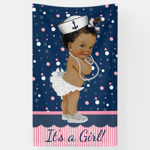 African American Girl Nautical Baby Shower Banner