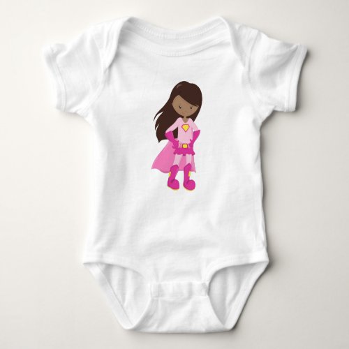 African American Girl Pink Cape Superhero Girl Baby Bodysuit