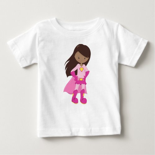 African American Girl Pink Cape Superhero Girl Baby T_Shirt