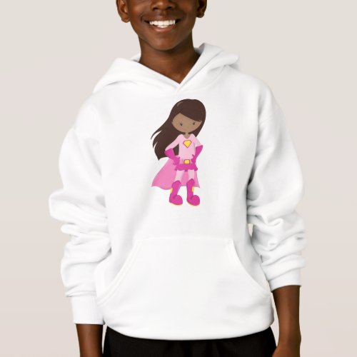 African American Girl Pink Cape Superhero Girl Hoodie