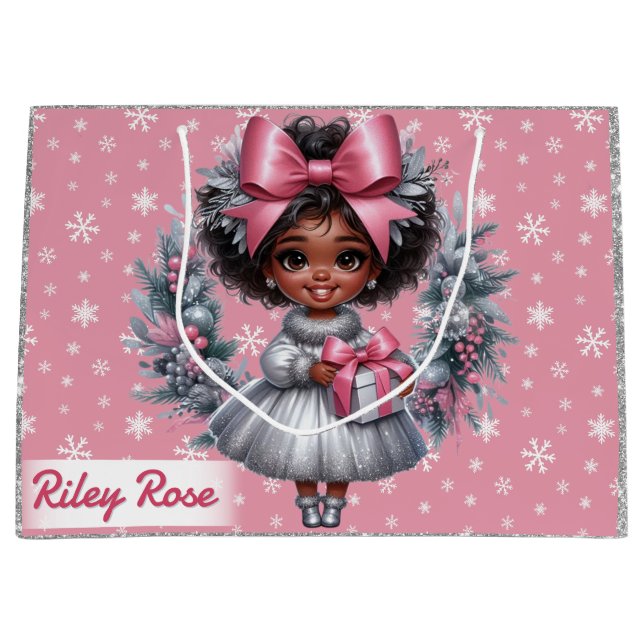 African American Girl Pink & Silver Holiday Large Gift Bag (Front)