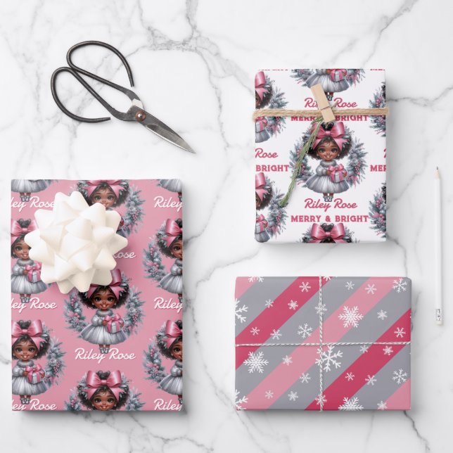 African American Girl Pink & Silver Holiday Wrapping Paper Sheets (Front)