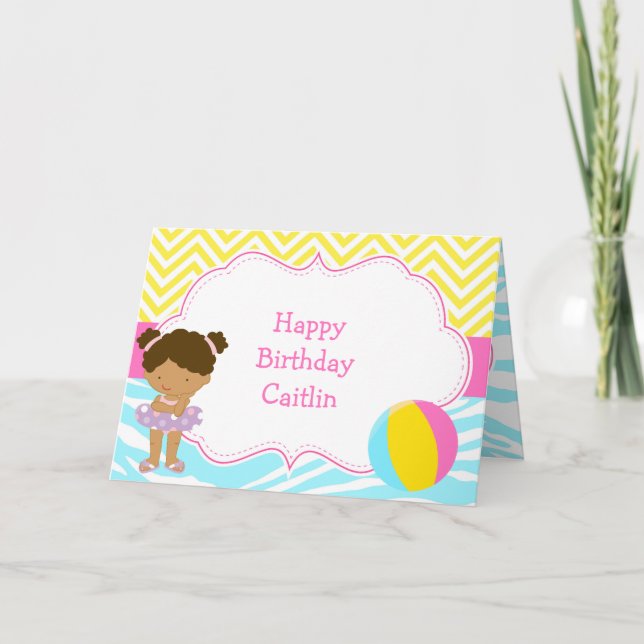 African American Girl Pool Party Bash Birthday Card (Front)