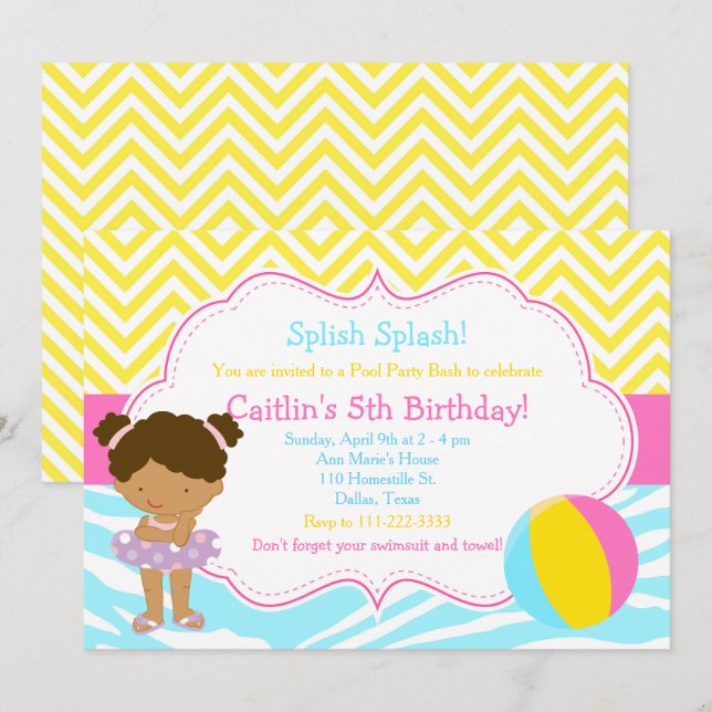 African American Girl Pool Party Bash Party Invitation (Front/Back)