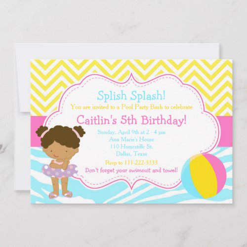 African American Girl Pool Party Bash Party Invitation