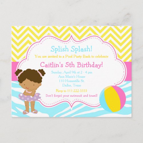 African American Girl Pool Party Bash Party Invitation Postcard