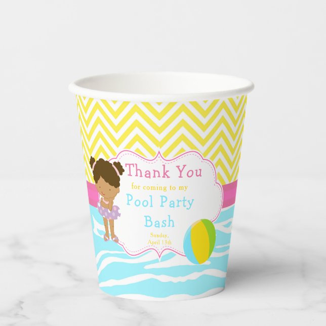 African American Girl Pool Party Bash Party Paper Cups (Front)