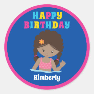 African American Girl Pool Party Custom Birthday Classic Round Sticker