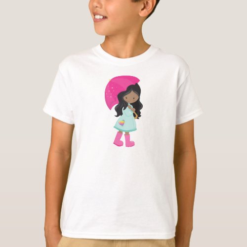 African American Girl Rain Raincoat Umbrella T_Shirt