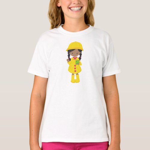 African American Girl Raincoat Rain Boots Frog T_Shirt