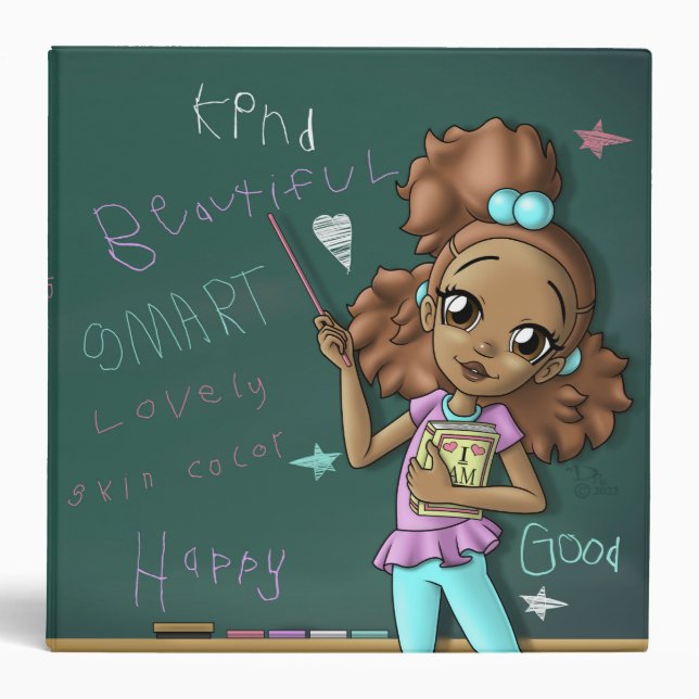African American Girl Stars Hearts Turquoise 3 Ring Binder (Front)