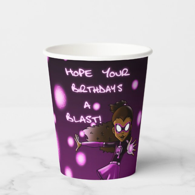 African American Girl Superhero Birthday Paper Cups (Back)