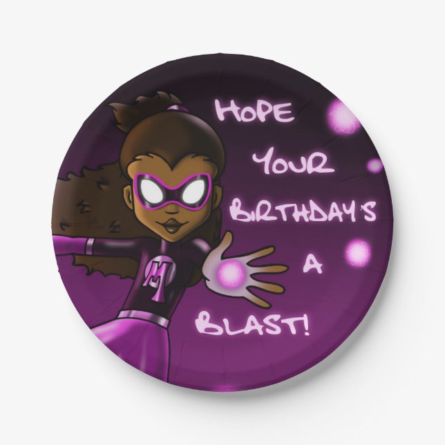 African American Girl Superhero Birthday Paper Plates (Front)