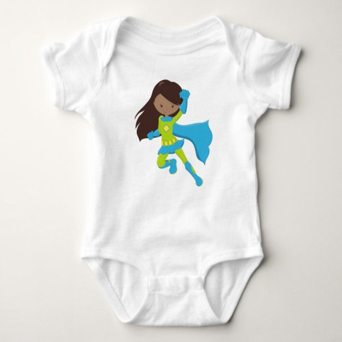 African American Girl Superhero Girl Blue Cape Baby Bodysuit