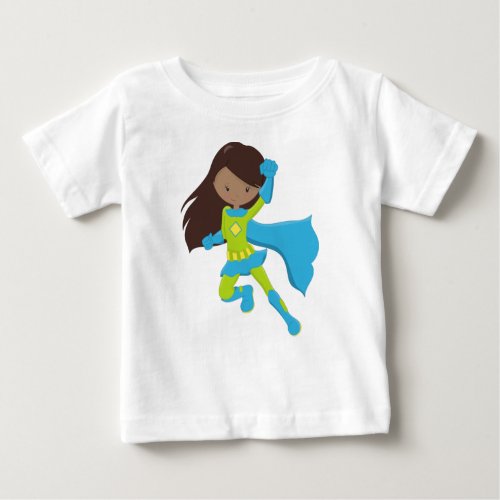 African American Girl Superhero Girl Blue Cape Baby T_Shirt