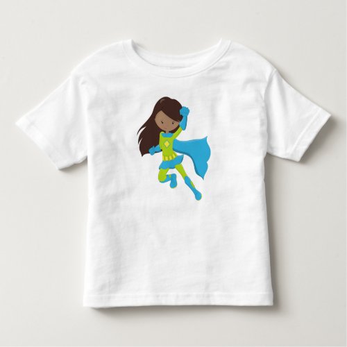 African American Girl Superhero Girl Blue Cape Toddler T_shirt