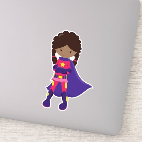 African American Girl Superhero Girl Cape Sticker