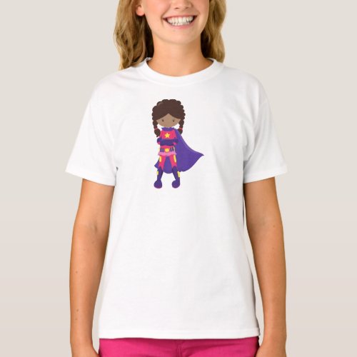 African American Girl Superhero Girl Cape T_Shirt