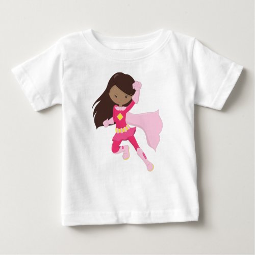 African American Girl Superhero Girl Pink Cape Baby T_Shirt