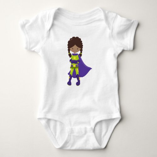 African American Girl Superhero Girl Purple Cape Baby Bodysuit