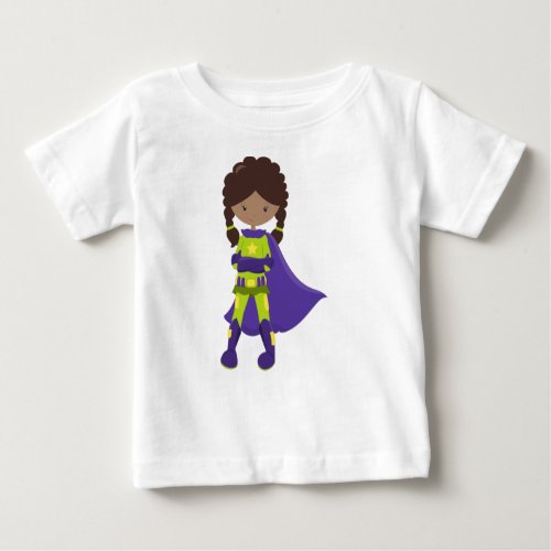 African American Girl Superhero Girl Purple Cape Baby T_Shirt