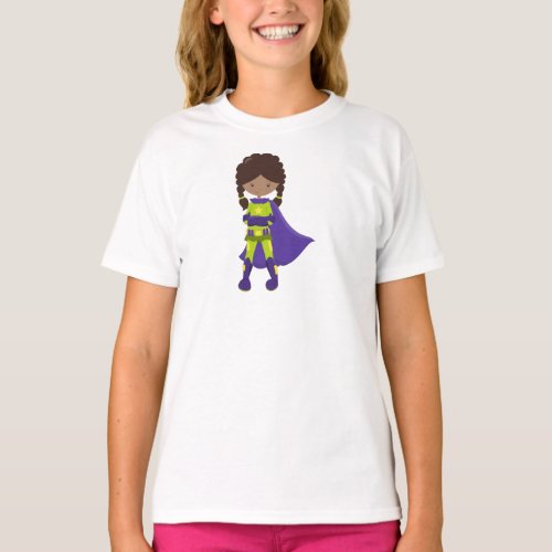 African American Girl Superhero Girl Purple Cape T_Shirt