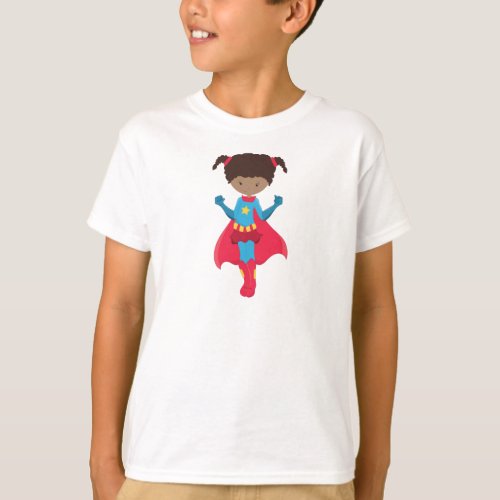 African American Girl Superhero Girl Red Cape T_Shirt