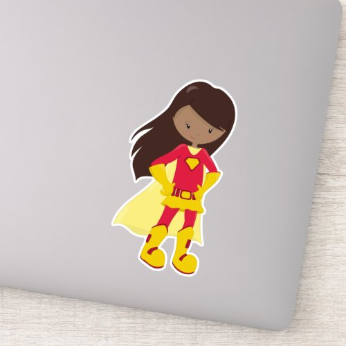 African American Girl Superhero Girl Red Costume Sticker
