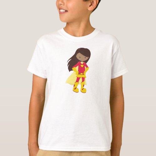 African American Girl Superhero Girl Red Costume T_Shirt