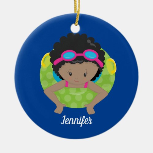 African American Girl Swim Team Monogram Blue Ceramic Ornament