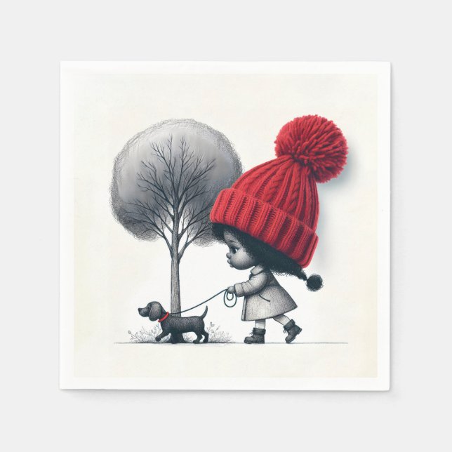 African-American Girl Walking Her Dog Napkins (Front)