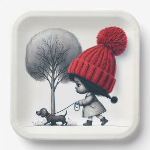 African-American Girl Walking Her Dog Paper Plates