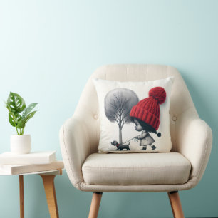 African-American Girl Walking Her Dog Throw Pillow