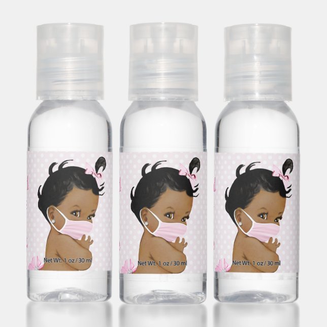 African American Girl Wearing Mask Baby Shower Hand Sanitizer (Set)