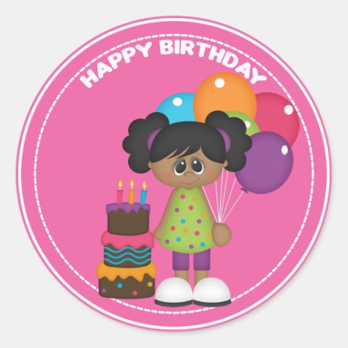 African American girl with balloons Birthday Classic Round Sticker