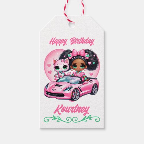 African American Girl with Cat in Pink Corvette Gift Tags