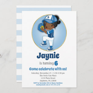 African American Girls Blue Softball Birthday Invitation