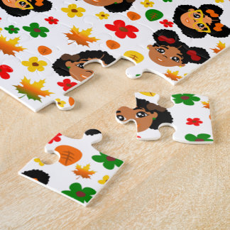 African American Girls Fall Autumn Leaves Afro Jigsaw Puzzle