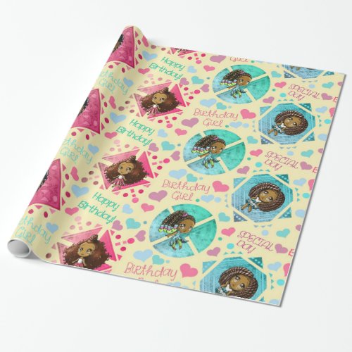 African American Girls with Hearts Birthday Wrapping Paper