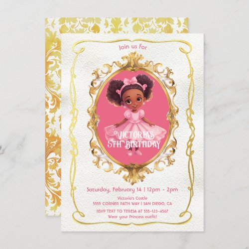 African American Gold Pink Princess Birthday Party Invitation