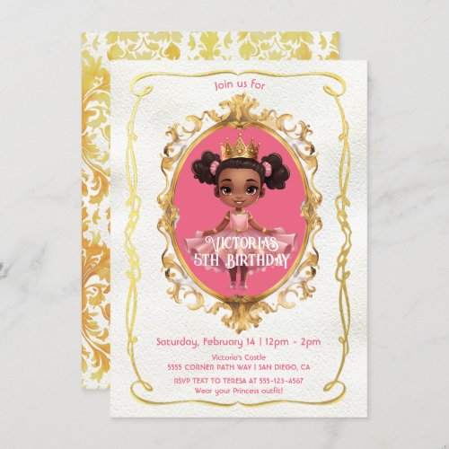 African American Gold Pink Princess Birthday Party Invitation