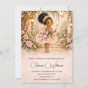 African American Green Pink Fairy 1st Birthday Invitation