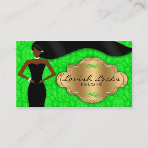 African American Hair Stylist Green Gold Damask Business Card Template