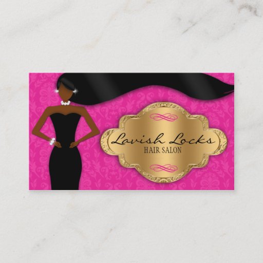 Customizable African American Hair Stylist Pink Gold Damask Business Card Templates