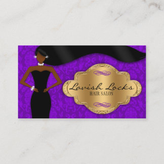 African American Hair Stylist Purple Gold Damask Business Card