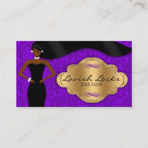 Customizable African American Hair Stylist Purple Gold Damask Business Card Template