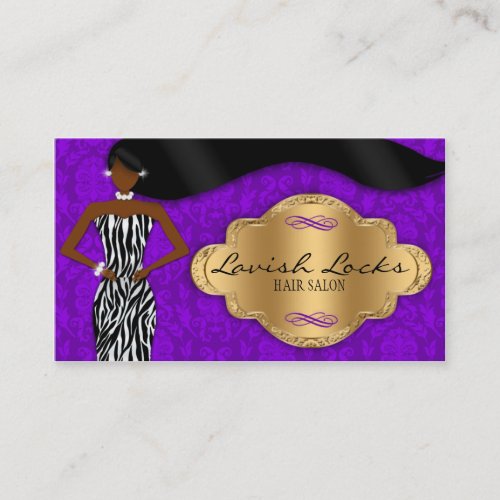 African American Hair Stylist Purple Gold Zebra Business Card